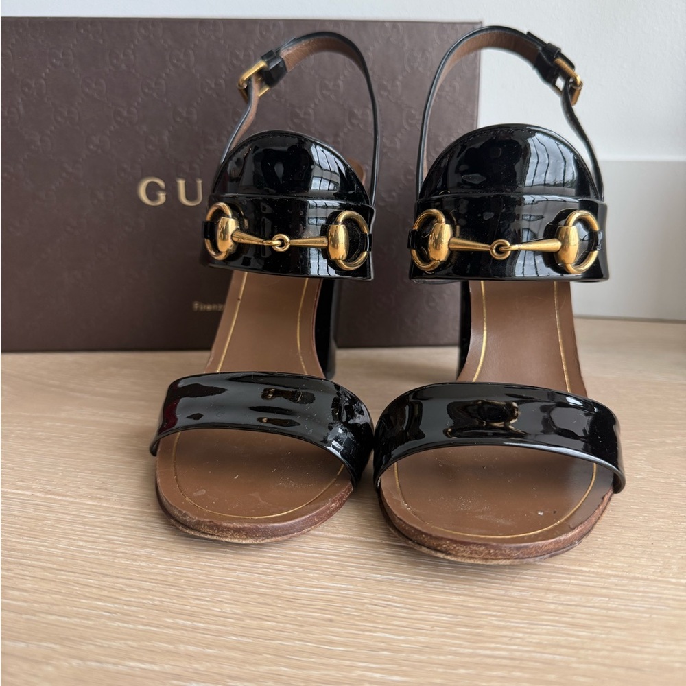 Gucci Black Patent Leather Slingback Block Heel Sandals - 4-5/8" Heel (Approx) - Picture 2 of 6